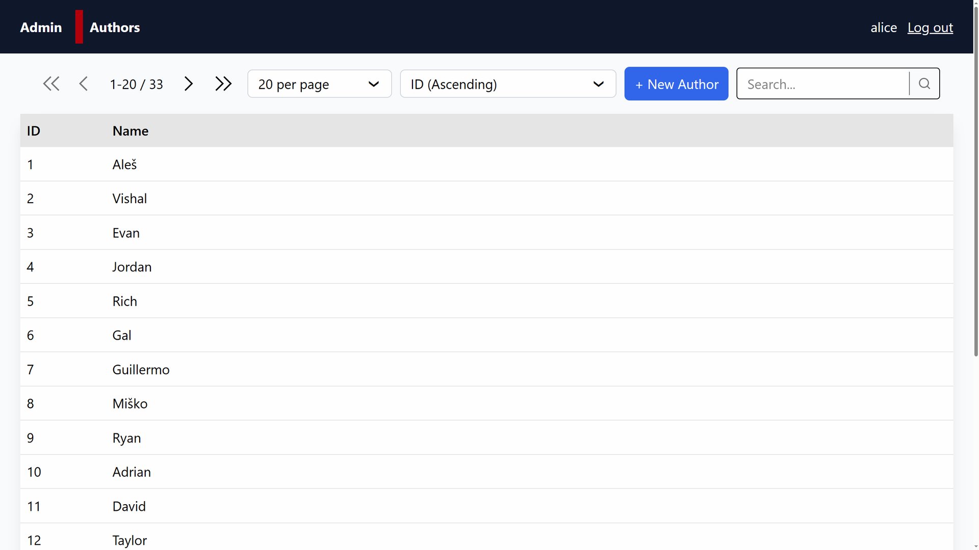 Admin Developers list with a dark header, sortable table, pagination controls, search, and a New Developer action