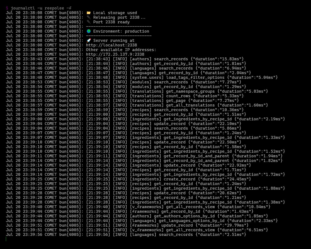 journalctl -u reepolee -f streaming the boot banner (storage, port, environment, server address) followed by structured INFO log lines for generated resource queries with their durations