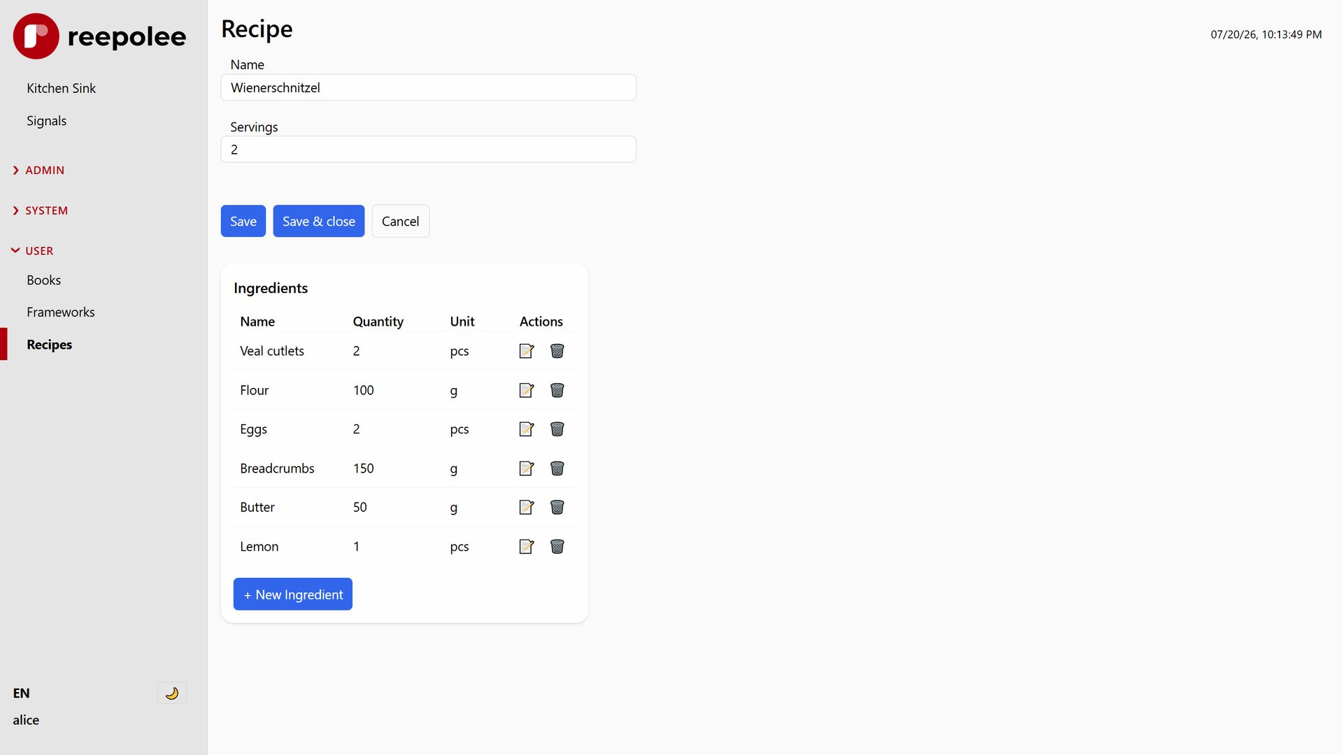 Recipe edit form for Wienerschnitzel with Name and Servings fields, and an inline Ingredients list showing six rows with name, quantity, unit, and edit/delete row actions