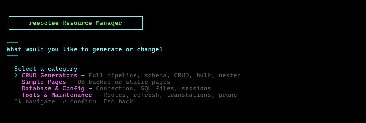 reepolee Resource Manager top-level menu showing the CRUD Generators, Simple Pages, Database and Config, and Tools and Maintenance categories