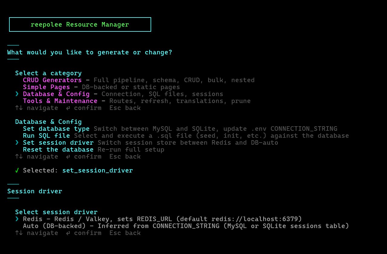 reeman set session driver prompt offering Redis (Valkey, REDIS_URL) or Auto DB-backed sessions