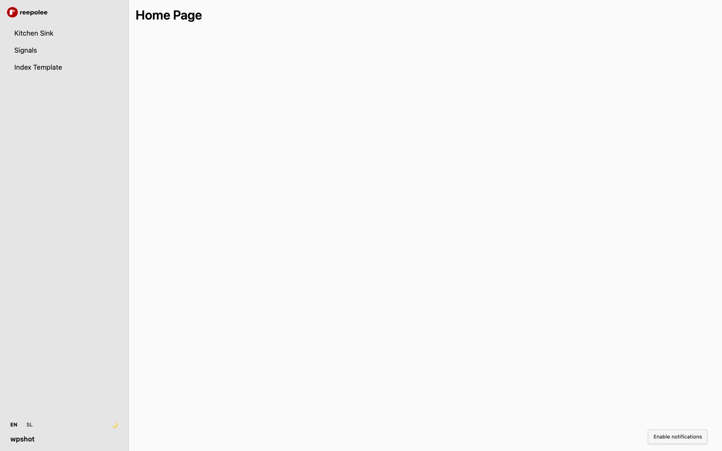 A logged-in Reepolee page with the Enable notifications toggle button fixed at the bottom-right corner