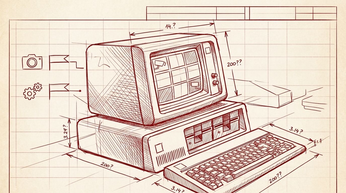 A vintage IBM personal computer and keyboard on a workshop desk