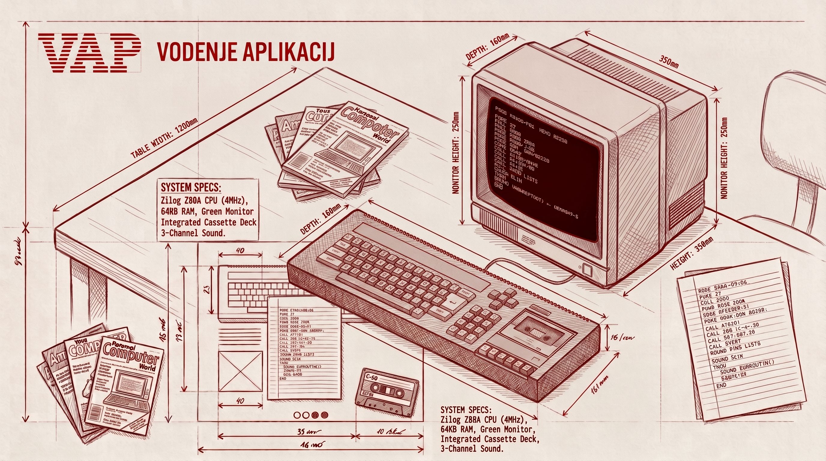 A technical blueprint illustration of a vintage computer, keyboard, cassette deck, and programming notes